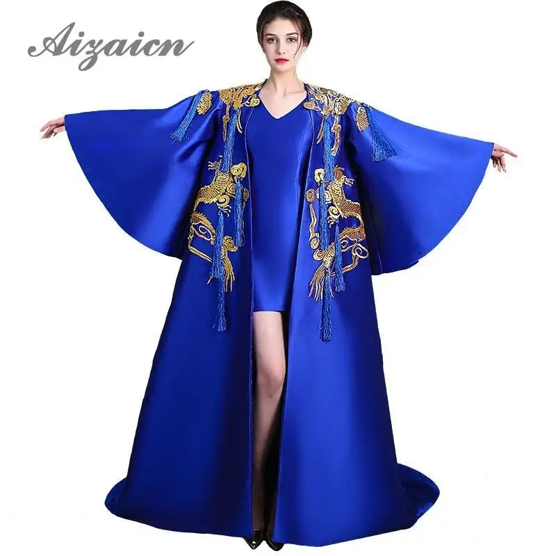 

Elegant Evening Dresses With Shawl Tassel Royal Blue Embroidery Chinese Traditional Wedding Dress Cheongsam Sexy Qipao Long