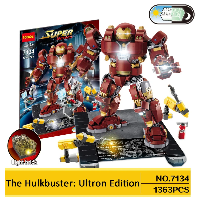 

Decool 1363pcs Hulkbuster Building Blocks LED light legoings Marvel Super Heroes 76105 Avengers Ironman Hulk Mini Toys Figures