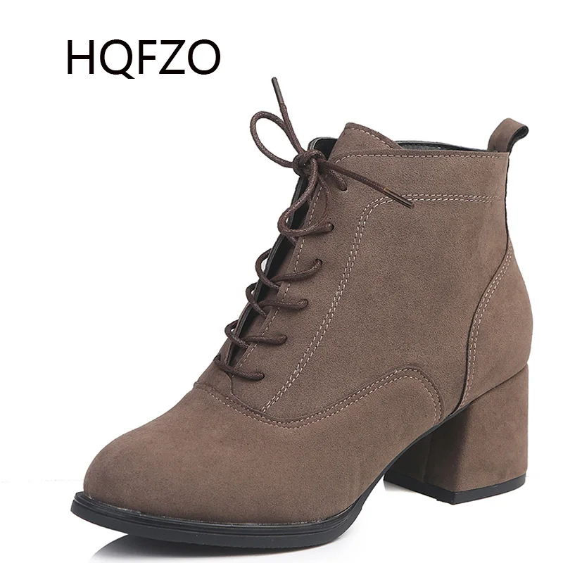 

HQFZO High Heels Women Boots Fashion Round Toe Zipper Platform Ankle Boots Autumn Winter Women Shoes Booties Black/Khaki