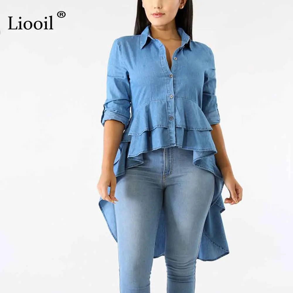 

Liooil Sexy Club Plus Size Denim Blue T Shirts Women Top Long Sleeve Button Notched Tshirt Swallowtail Summer Crop Tops Womens