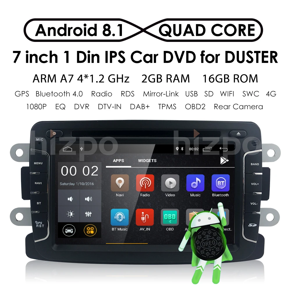 Best QuadCore Pure Android8.1 GPS Navigation Radio For RENAULT Dacia Renault Duster Logan Sandero Car DVD Central Cassette Player DAB 2