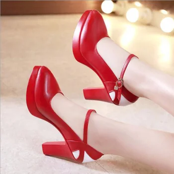 

Fantastic National Style Thick with Dance Shoes Large Size High-heeled Shoes Waterproof Platform Pendant Buckle Design Women