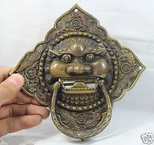 

Chinese Old 6" China Chinese Folk Home Copper Fu Foo Dog Lion Head Door knocker Statue decoration bronze factory outlets