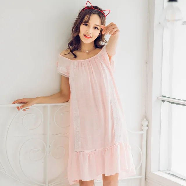 Ladies Soft Cute Pink Young Girl Night Dresses Slash Neck Nightgown