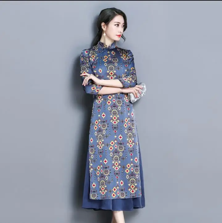 

Charming Retro Chinese Women Autumn Winter Cheongsam Dress Ao Dai Long Party Wear Cheongsams Dresses for Women Lady