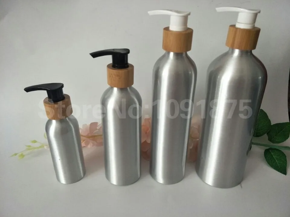 

20pcs/lot 30ml 50ml 100ml 120ml 150ml 250ml 500ml aluminum bottle with bamboo pump spray for shampoo lotion cosmetic package