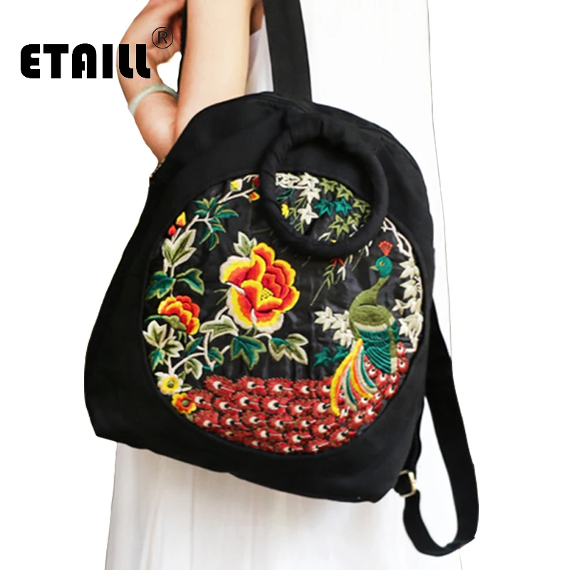 

ETAILL Flower Animal Peacock Embroidered Backpacks for Girls Female Embroidery Travel Bags Schoolbag Backpacks Rucksack Mochila