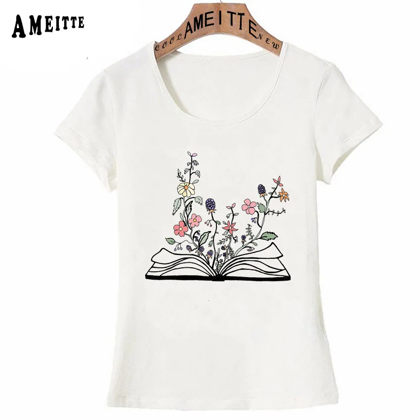 

Cute Pretty Flowers Growing From Book Art T-Shirt Summer Fashion Women T shirt Woman Casual Tee Girl Tops Ameitte Short Sleeve
