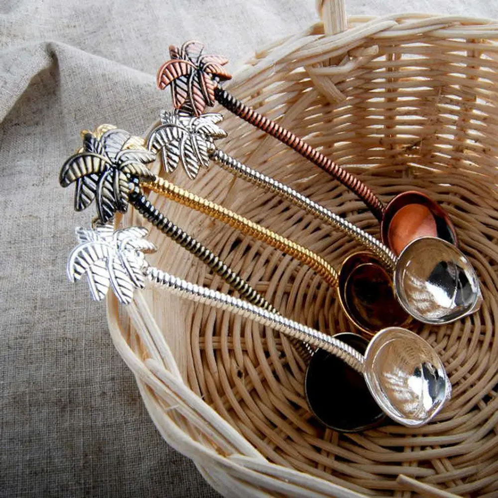 

1pc Vintage Royal Style Coconut Tree Tea Coffee Spoon Cream Fruit Dessert Small Decor Zine Alloy Tableware Gift For Bar Party