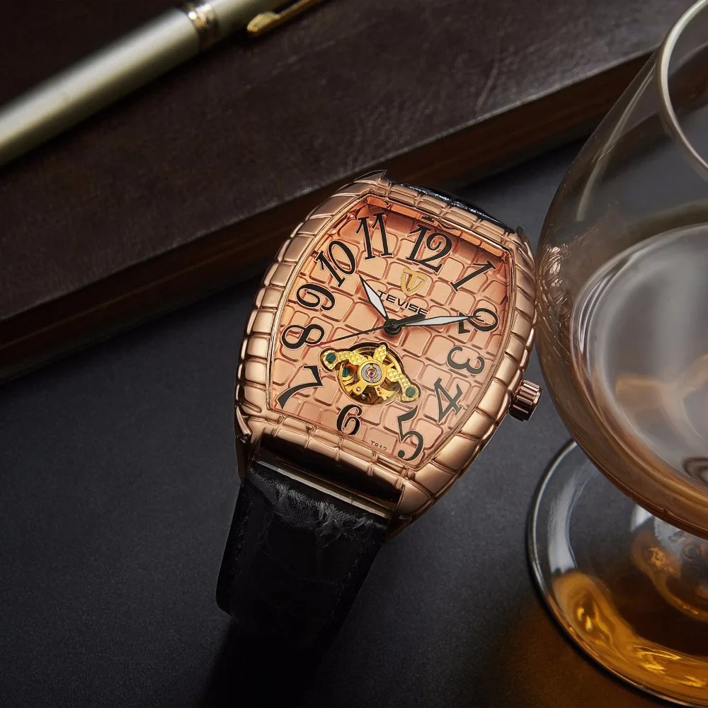 Tevise Для мужчин Самовзводные Деловые часы черные кожаные Tourbillon серебристый