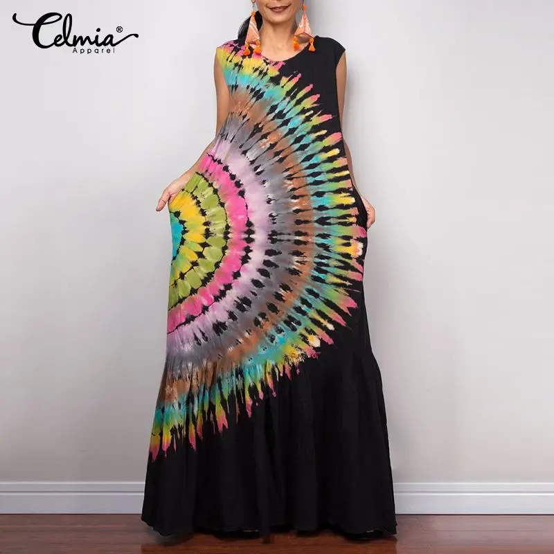 

Casual Loose Print Sexy Sleeveless Vest Dress Celmia 2019 Summer Round Neck Vintage Dress Plus Size Party Bodycon Vestidos Robe