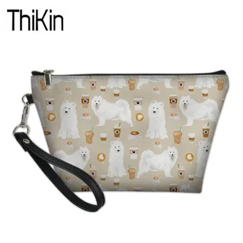 

THIKIN Women Make Up Bag Samoyed Printing Cosmetic Cases Lady Portable Wash Kit Bags Custom Your Logo Organizer Toiletry Bag