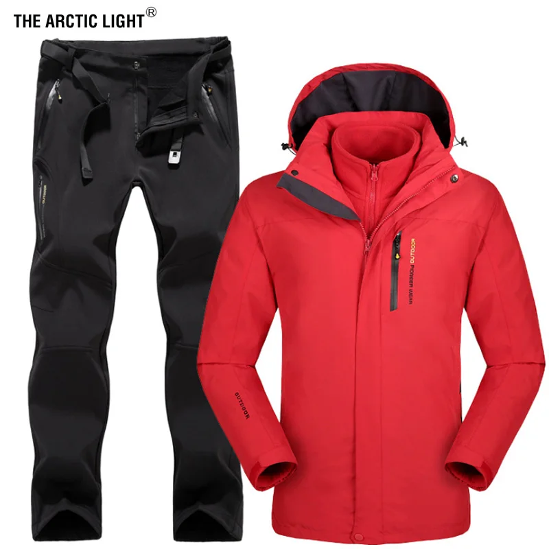 Зимний мужской лыжный светильник, лыжная куртка для походов, кемпинга, Спортивная флисовая ветровка, теплые флисовые штаны, мужские комплекты - Цвет: black red