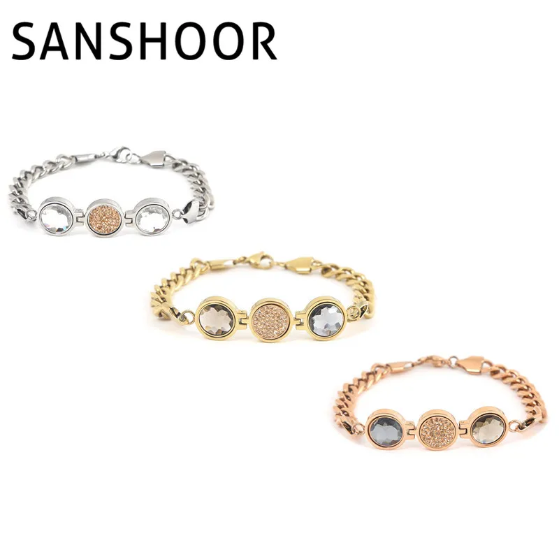 

SANSHOOR Deluxe Stainless Steel Big Crystal Cambio Bracelet include 3pcs 12mm Magnet Stones as Gift 1 set
