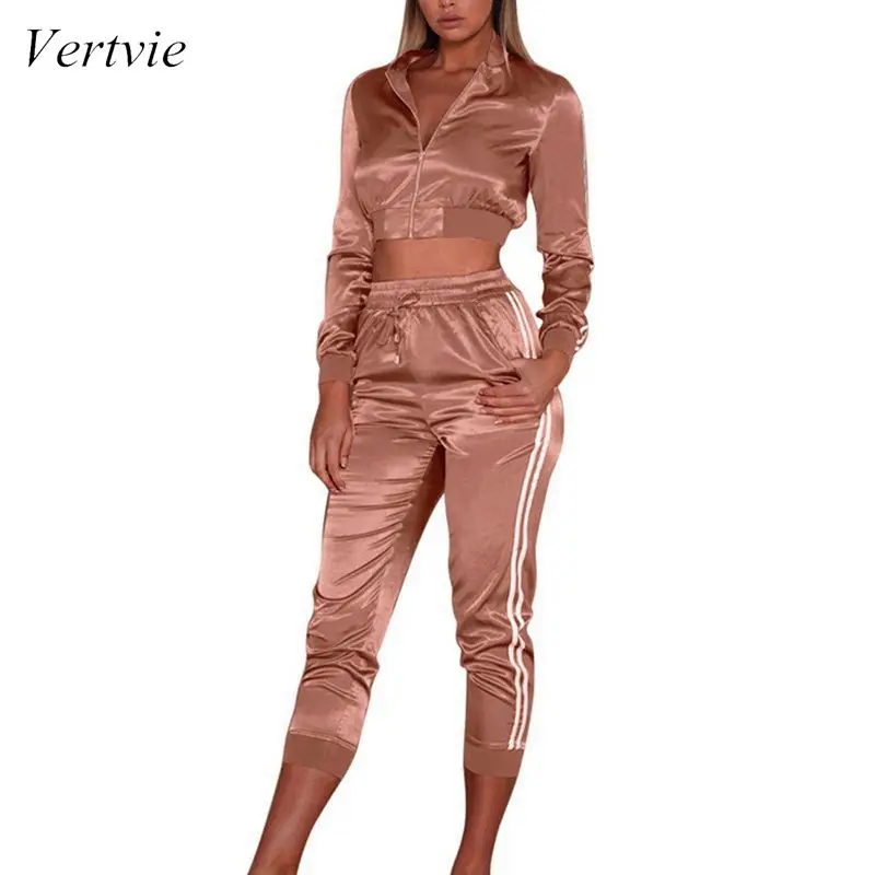 

Vertvie Autumn Women's Solid Color Striped Cropped Zipper Clothing 2 Pieces Running Set Long Sleeve High Waist Sportwear 2019