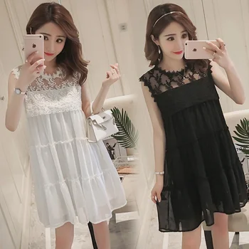 

New Korean fashion temperament loose sleeveless vest skirt stitching lace maternity dress with lining