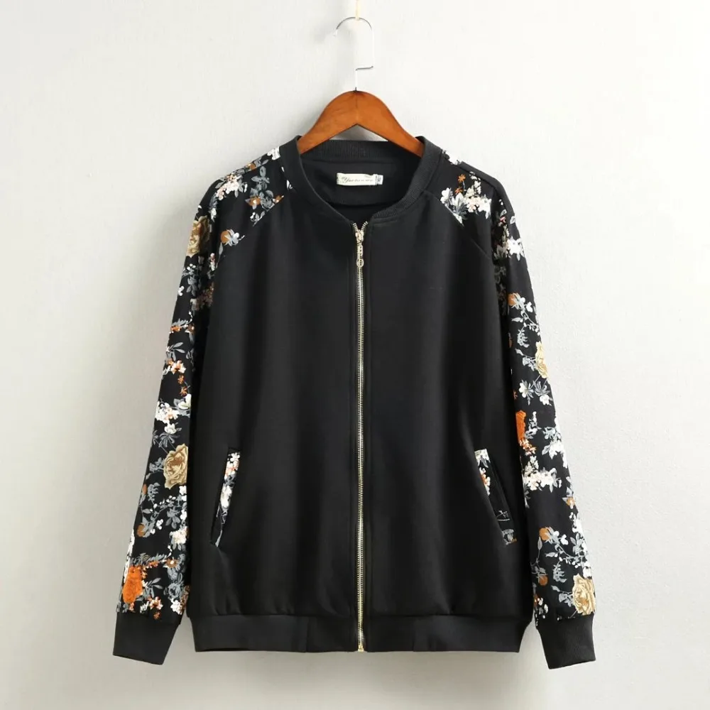 Greatest 2016 Plus size Streetwear Floral bomber jacket women Knitted fabrics Casual long sleeves jacket hig