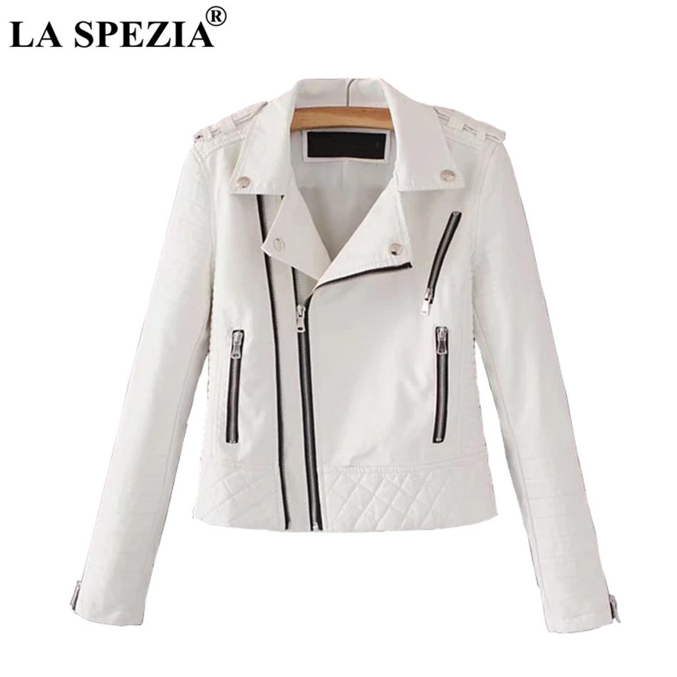LA SPEZIA Leather Jacket For Women White Motorcycle Rock Coat Ladies Biker Punk Zipper Pockets Autumn Winter Jackets Fashion