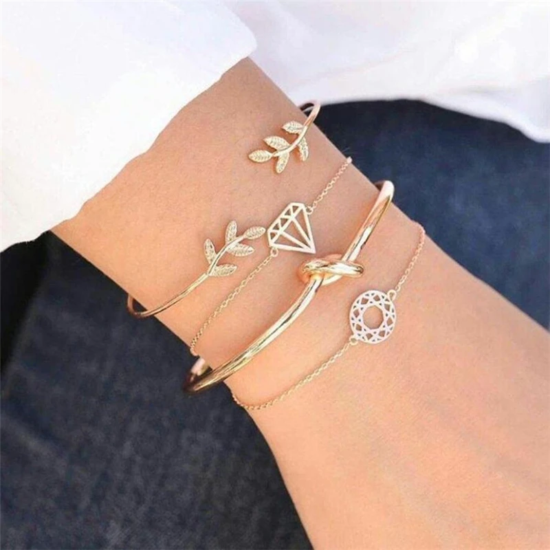 

Sunmal 1 Set Fashion Bohemia Leaf Knot Hand Cuff Link Chain Charm Bracelet Bangle for Women Gold 4 pcs Bracelets