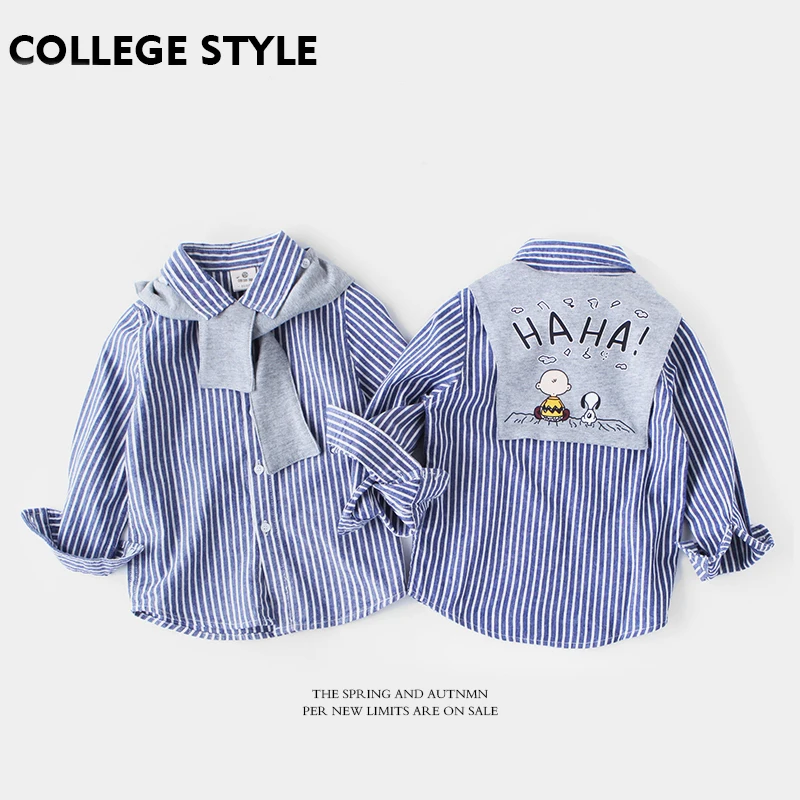 

Baby Boys Clothes Blue White Kids Vertical Striped Shirts Cotton Long Sleeved Baby Boys Shirts with Detachable Cartoon Shawl