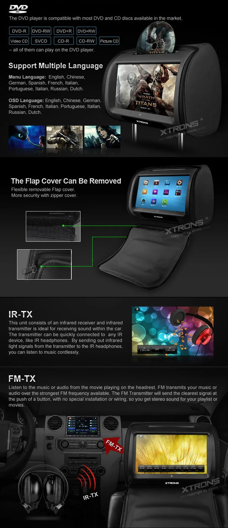 Perfect 2x9" Headrest Car DVD Player Support 32 Bits Games Cover With Zipper Built-in IR FM Seatback Digital Touch Screen Pillow Monitor 3