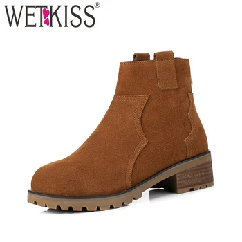 

WETKISS Women 2019 Fashion Spring Ankle Boots Zipper Round Toe Cow Suede Footwear Thick Heel Female Shoes Stitching Ladies Shoes