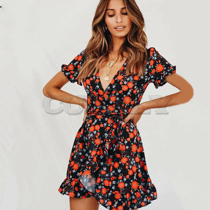 

Cuerly Sexy floral print ruffle dress women Summer elegant party wrap short dress female Casual beach daily dress vestidos L5