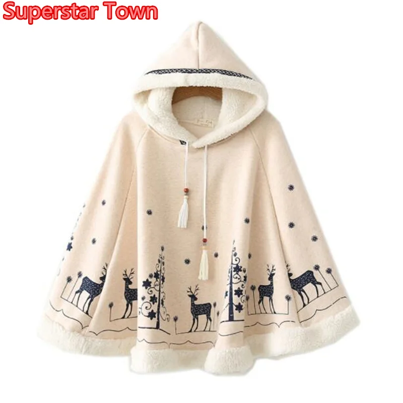 

Women Winter Warm Cloak Harajuku Style Japanese Mori Girls Cartoon Neko Atsume Rabbit Ear Loose Cape Thick Hoodie Casual Tops