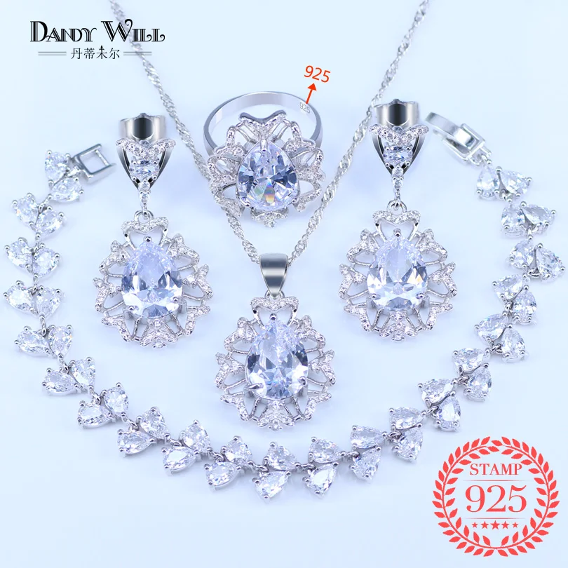 

New Fashion White Crystal Stone 925 Silver 4 Piece Big Water Drop Pretty Bracelets Jewelry Sets For Women Party