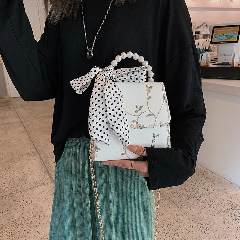 

Luxury Pearl Chain Flap Bag Women Flower Lace Beading Shoulder Bags Fashion Ribbons Party Women Totes Crossbody Bag Ladies Purse