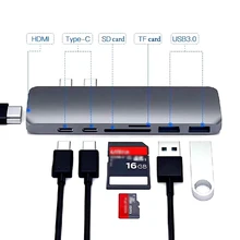 Thunderbolt 3 док 7in1 USB-C Hub двойной Тип-C многопортовый Card Reader USB3.1 зарядки адаптер 4 К HDMI для MacBook Pro