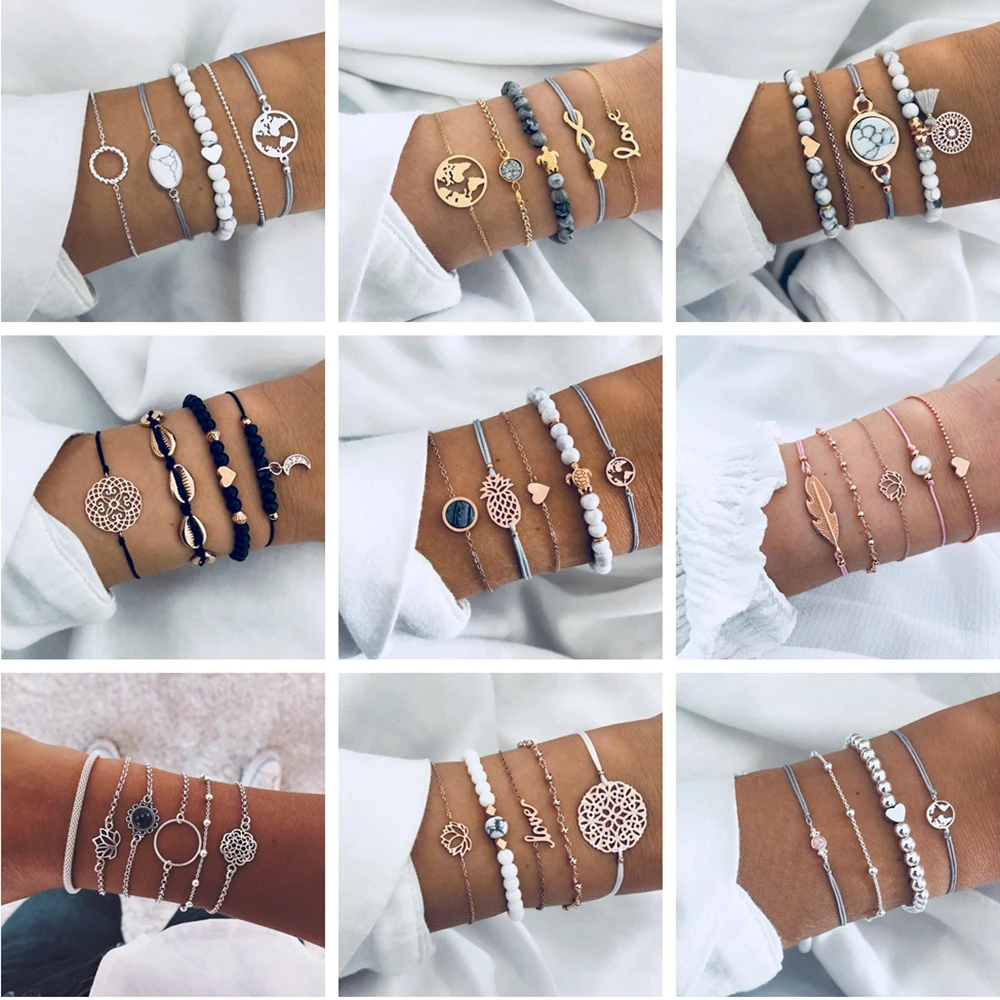 

5 Pcs/ Set Classic Arrow Knot Round Crystal Multilayer Adjustable Open Bracelet Set Women Fashion Party Jewelry Multiple Styles