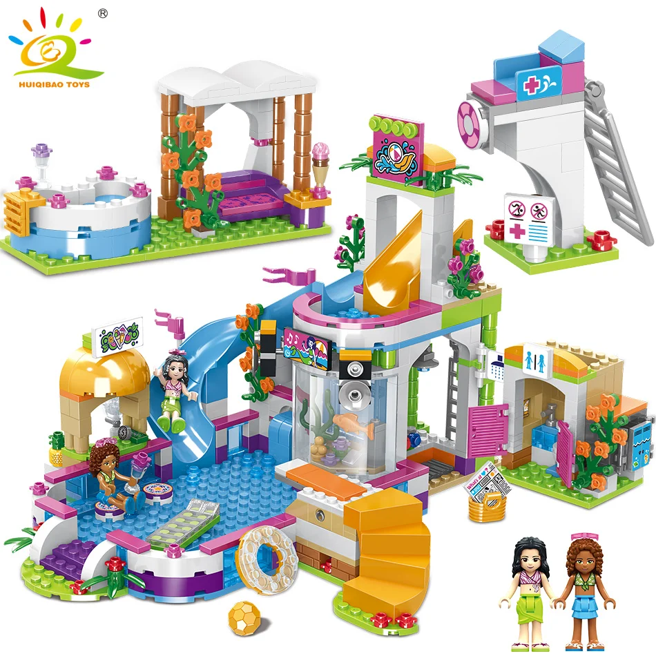 

HUIQIBAO TOYS 696pcs Heartlake Girls club Summer Pool friends figures city Building blocks Kit Bricks for children