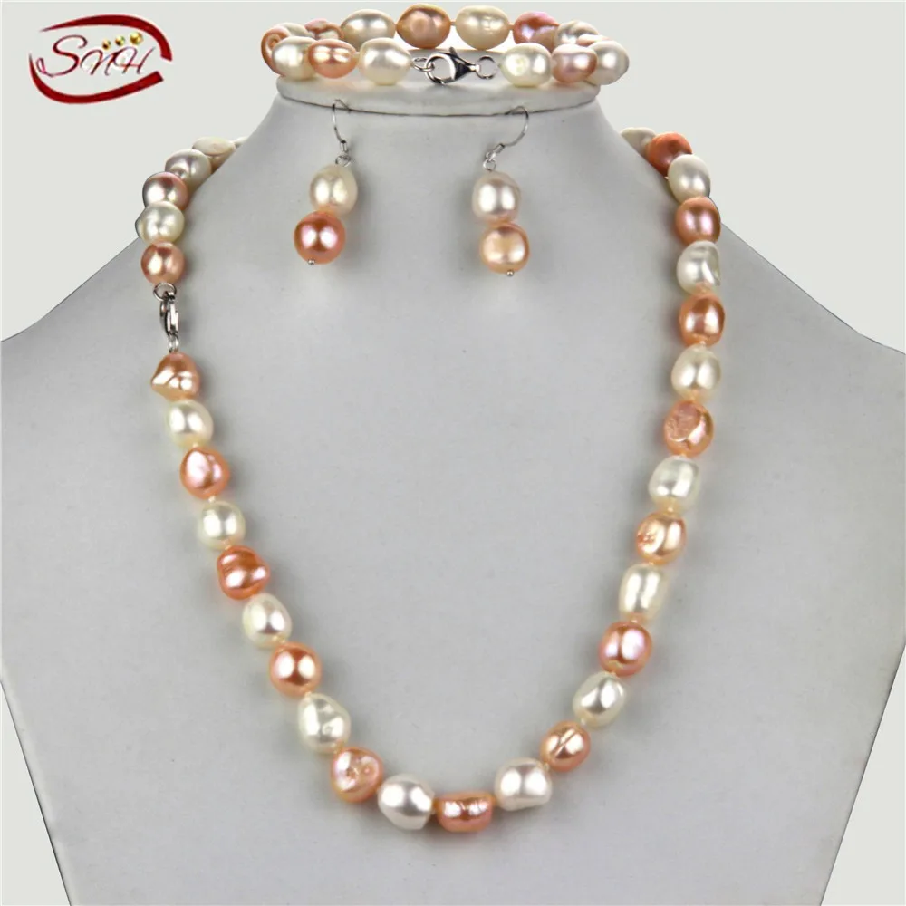 

SNH 11mm mixed color 925 Sterling Silver Freshwater Pearl Jewelry Set White baroque Pearls Necklace Bracelet and Earrings