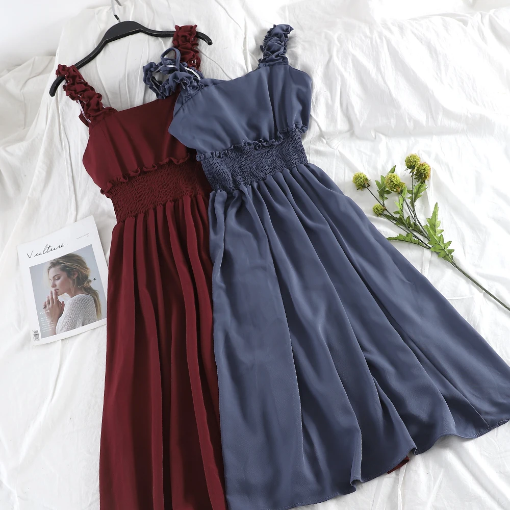 

HISUMA Women Summer Slash Neck Sleeveless Pleated Strapless Dress Casual Elastic Slim High Waist Pullover Chiffon Ruffles Dress