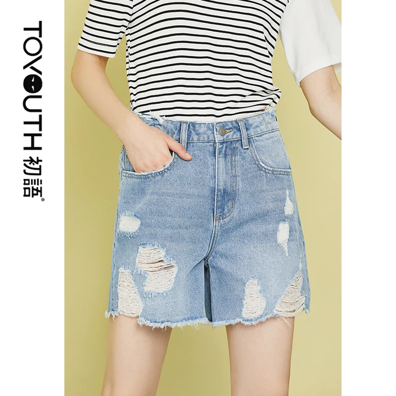 

Toyouth 2019 European BF Summer Wind Female Blue Ripped Mid Waist Straight Denim Shorts Women Worn Loose Burr Hole Jeans Shorts