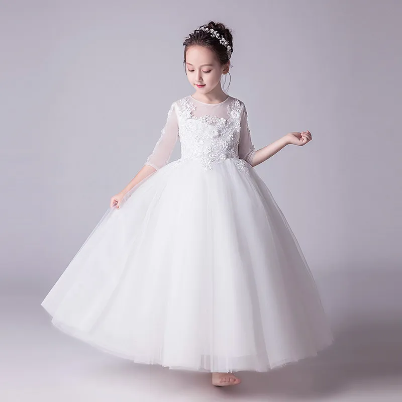 Элегантные благородные белые платья с короткими рукавами для девочек, держащих букет невесты на свадьбе; Детские вечерние платья принцессы; праздничные платья; платья для малышей - Цвет: White Long Dreses
