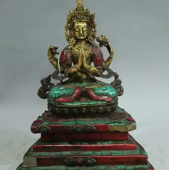 

8"Tibet Buddhism Bronze 24K Gold Turquoise Coral Gem 4 Arm Kwan-Yin Statue