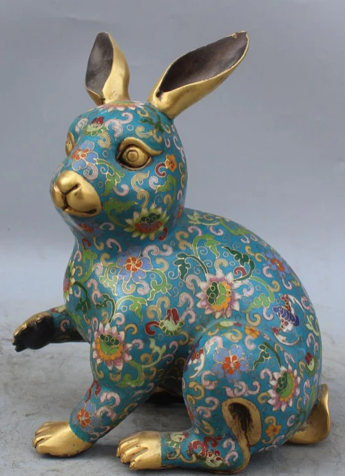 

xd 001412 10" Marked Chinese Cloisonne Enamel 24K Gold Animal Rebbit Hare Cony Sculpture