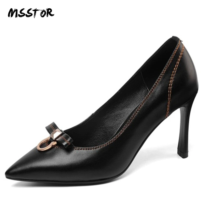 

Msstor Pointed Toe Dress Shoes Women Rivet Black Butterfly-knot Slip-On Shallow Sexy High Heels Autumn Spring Women Luxury Shoes