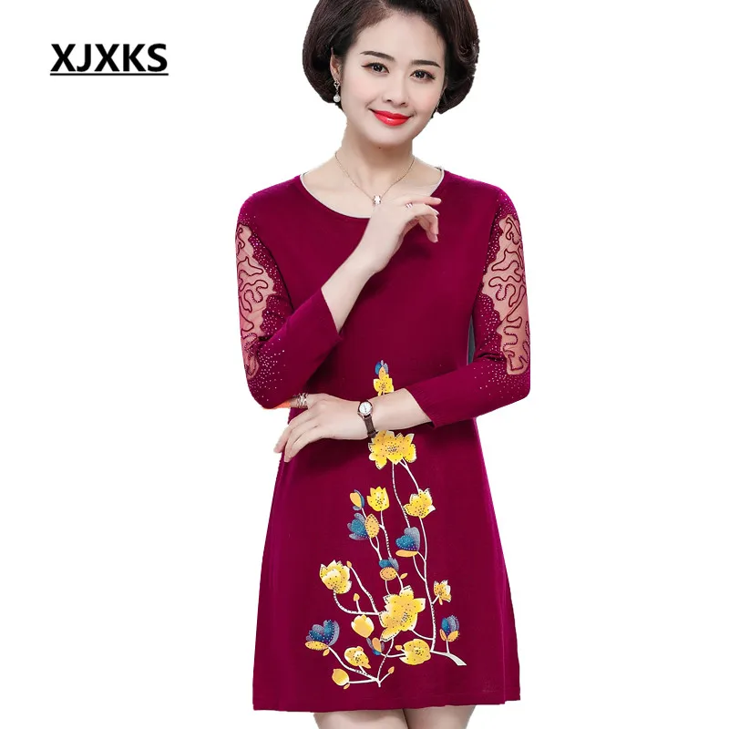 

XXJXKS Fashion printed round neck thin women's long sweater spring autumn 2019 new loose plus size women's knitting dress