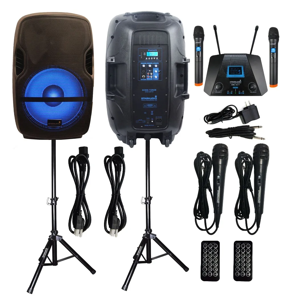 

STARAUDIO Dual 2000W 15 Inch PA DJ KTV Stage Karaoke Powered Active Speakers Light Speaker Stands 2CH UHF Handheld Microphone