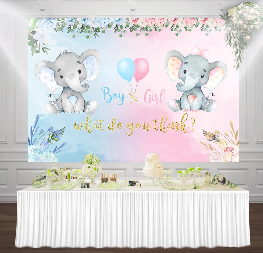 

what do you think elephant gender reveal party background pink and blue baby shower photography backdrop banner ideas invites
