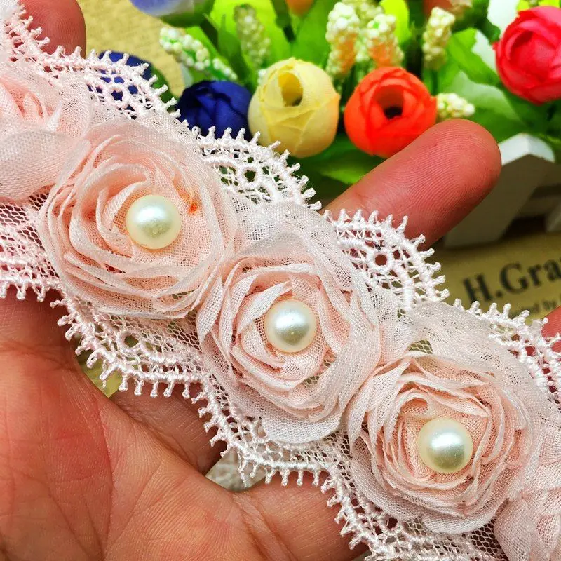 20x жемчужные 3D шифоновые розы цветы кружевная отделка Лента ткань ручной работы вышитая аппликация свадебное платье Шитье Ремесло Декор - Цвет: Pink