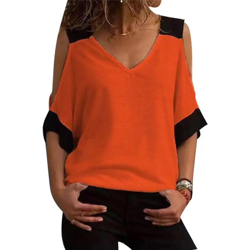 

Summer Women Cold Shoulder Short Sleeve V Neck Color Block T-Shirt Loose Top