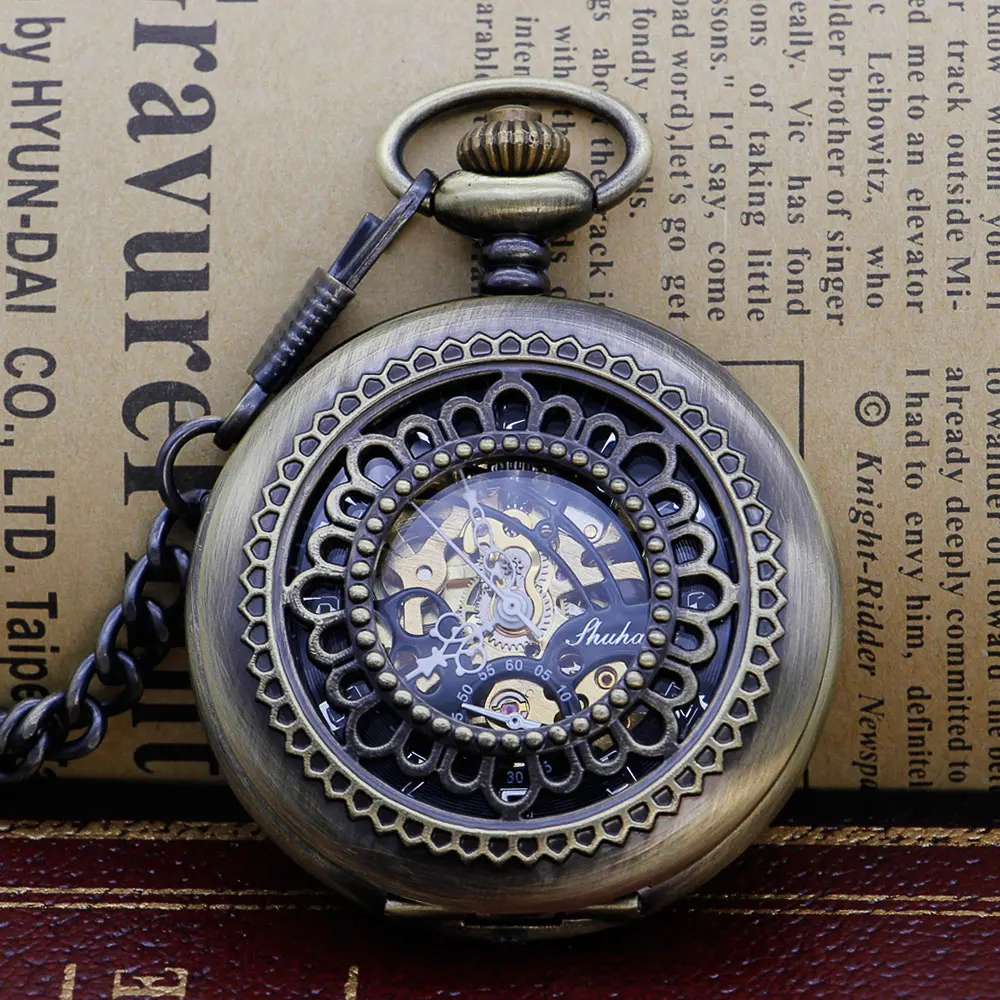 

Retro Vintage Bronze Men Women Pocket Watches Mechanical Watch Carved Lid Skeleton Dial Pendant Chain PJX1326 PJX1305