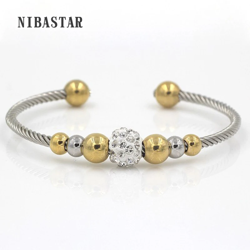 

High Quality Open Cuff Bangles for Womens Silver and Gold Color Bead Bangle With Crystal Zirconia Jewelry