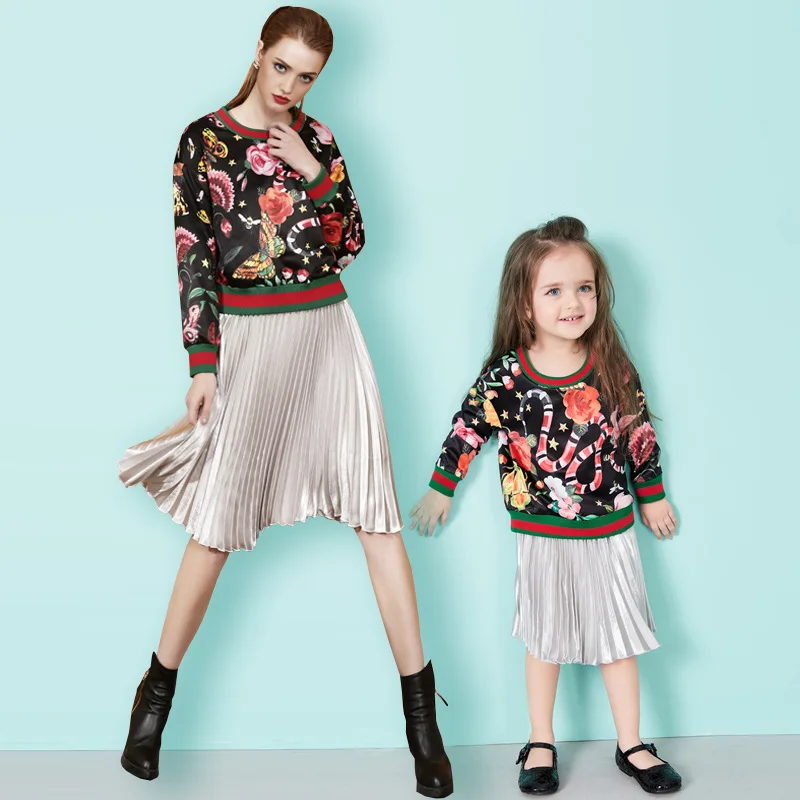 

mother and daughter clothes 2017 new parent-child garment Mother and daughter wear rose printing family clothing 20#