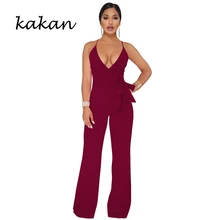 Kakan 2019 summer new women's jumpsuit classic solid color strap V-neck jumpsuit bow back wide leg jumpsuit Kakan 2019 summer new women's jumpsuit classic solid color strap V-neck jumpsuit bow back wide leg jumpsuit