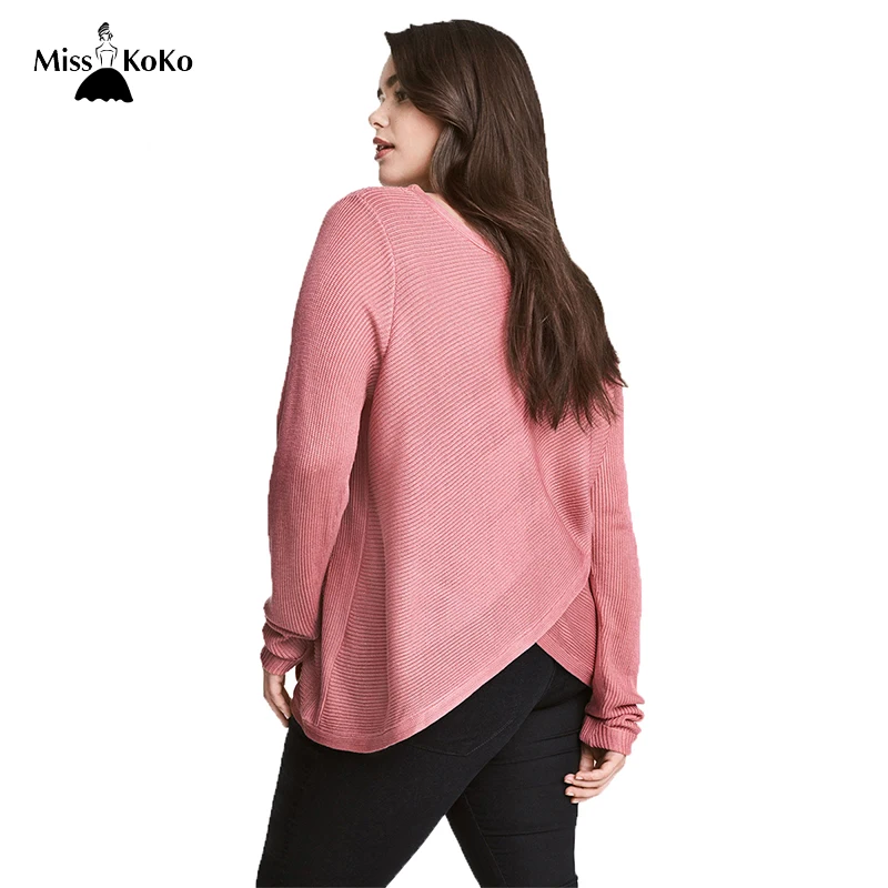 Misskoko Women Plus Size Round Neck Asymmetry Sweater Long